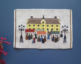 Woven Wool Decor Town Market Scene People, Swedish Vintage Small Tapestry Flamsk Flemish Handwoven Decor Scandinavian #4-72-14