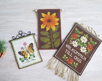 Embroidered Wall Decor, Butterfly Flowers Embroidered Wall Hanging, Scandinavian Handmade Vintage Decor #5-23-(36-38)
