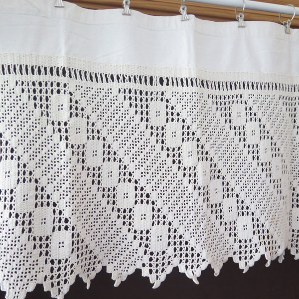 Crochet Valance, White Crochet Curtain, Vintage Handmade, Hand Crochet Scandinavian Cafe Curtain #4-70-23