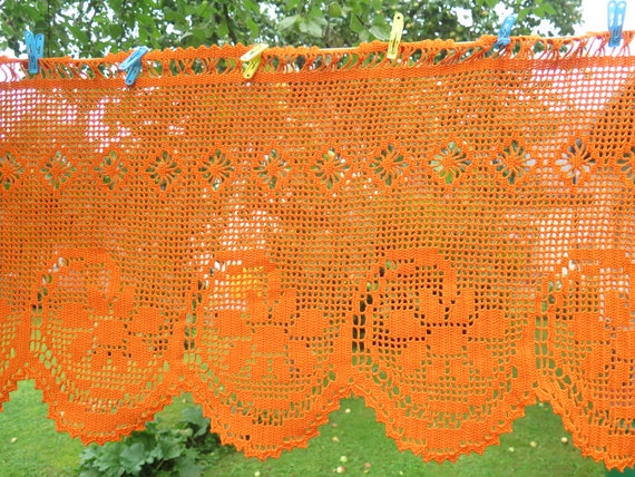 Orange Crochet Lace Curtain #3-51-6 193 x 38 cm 75.9 x 14.9 inch Crochet Curtain Valance Vintage Long Crocheted Filet Window Valance