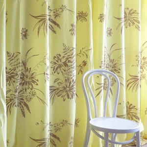 Woven Yellow Curtains, Set of 2 panels, each: L 257 x W 153 cm, Yellow w Brown Flowers Semi Sheer Curtains, Vintage Long Curtains #5-15-21