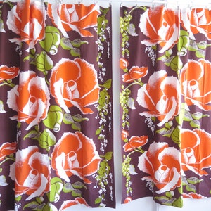 Vintage Curtain Panels Set of 2, Scandinavian Floral Curtains Orange Brown Green Flowers #4-59-7