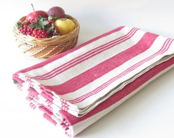 Table Cloth Red Light Gray Striped Woven Table Runner, 157 x 64 cm/ 61.8 x 25.1 inch, Scandinavian Vintage Textiles #4-06-28