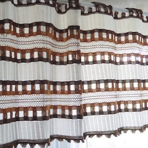 Vintage Valance, White Brown Striped Valance, Machine Crochet Country Farmhouse Window Treatment #4-71-5
