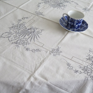 Embroidered Table Cloth, Cream with Gray Machine Embroidery, Cutwork, Vintage Scandinavian #4-61-13