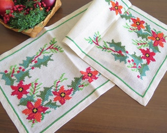 Embroidered Table Cloth, Table Runner Red Orange Flowers Table Decor Vintage Handmade #4-52-26