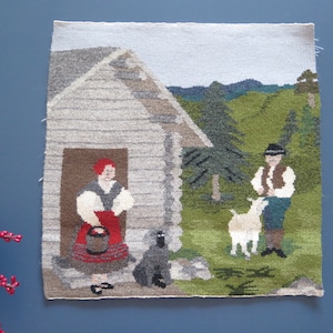 Woven Wool Tapestry Floral Flamsk Flemish Handwoven, Couple, House, Goat Decor Scandinavian Vintage Swedish #4-72-34
