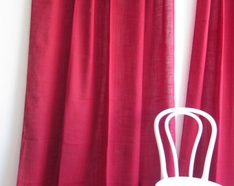 Curtains Red Woven, Set of 2 panels, Semi Sheer Vintage Red Striped Curtains Retro Swedish #5-44-8