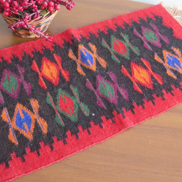 Wool Woven Decor Table Runner, Red Black Colorful Folk Art Ornaments Handwoven in Greece Wool Table Decor #4-60-12