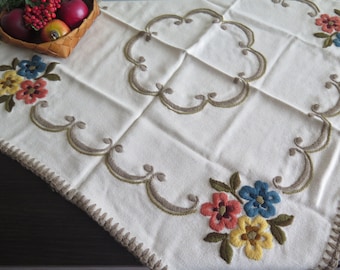 Embroidered Floral Table Cloth, Square Table Cloth, Wool Table Cloth, Blue Red Yellow Flowers #2-19AA