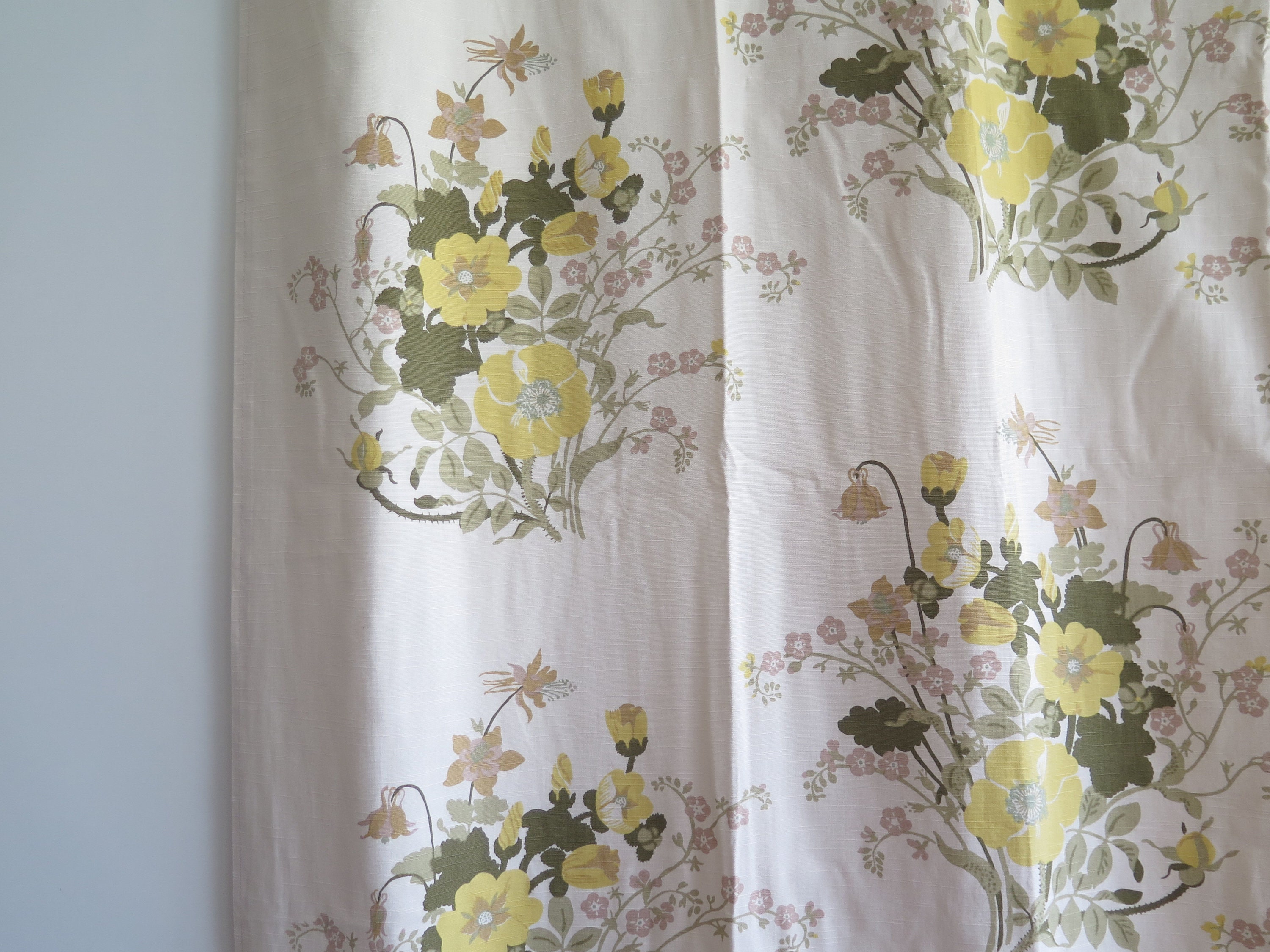 Floral Curtain Panels Set of 2 Cotton Fabric Green Yellow Etsy