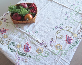 刺繍入りテーブルクロス、白地にカラフルな花、レーストリム付き