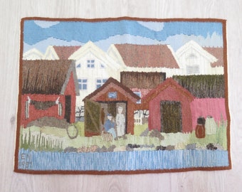 Woven Wool Decor Vintage Swedish Tapestry Colorful Nordic Houses Harbor Flamsk Flemish Handwoven Decor Traditional Scandinavian #4-20-11