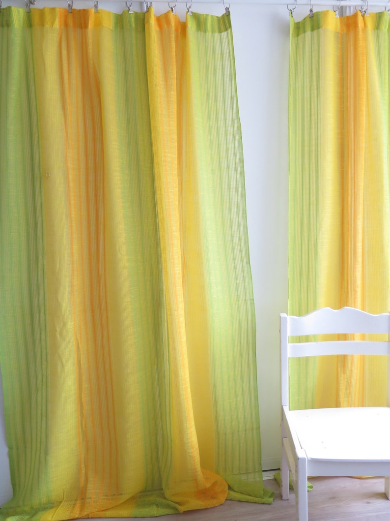 Wide Vintage Curtain Set of 2 Green Yellow Orange Striped Etsy