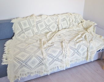 Large Vintage Crochet Bed Spread Handmade Bed Cover Pale Yellow Crocheted Sofa Throw, 91.7 x 86.6 inch, Country Chic Crochet Bedding #3-21