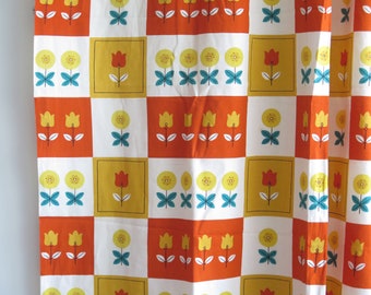 Curtain Panels Set of 2 Colorful Floral Short Curtains, Kitchen Curtains Yellow Orange Squares Flowers Scandinavian #5-23-50