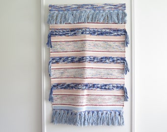 Tapiz colgante vintage azul y rosa con flecos, decoración hecha a mano, tejido a rayas #4-28-1