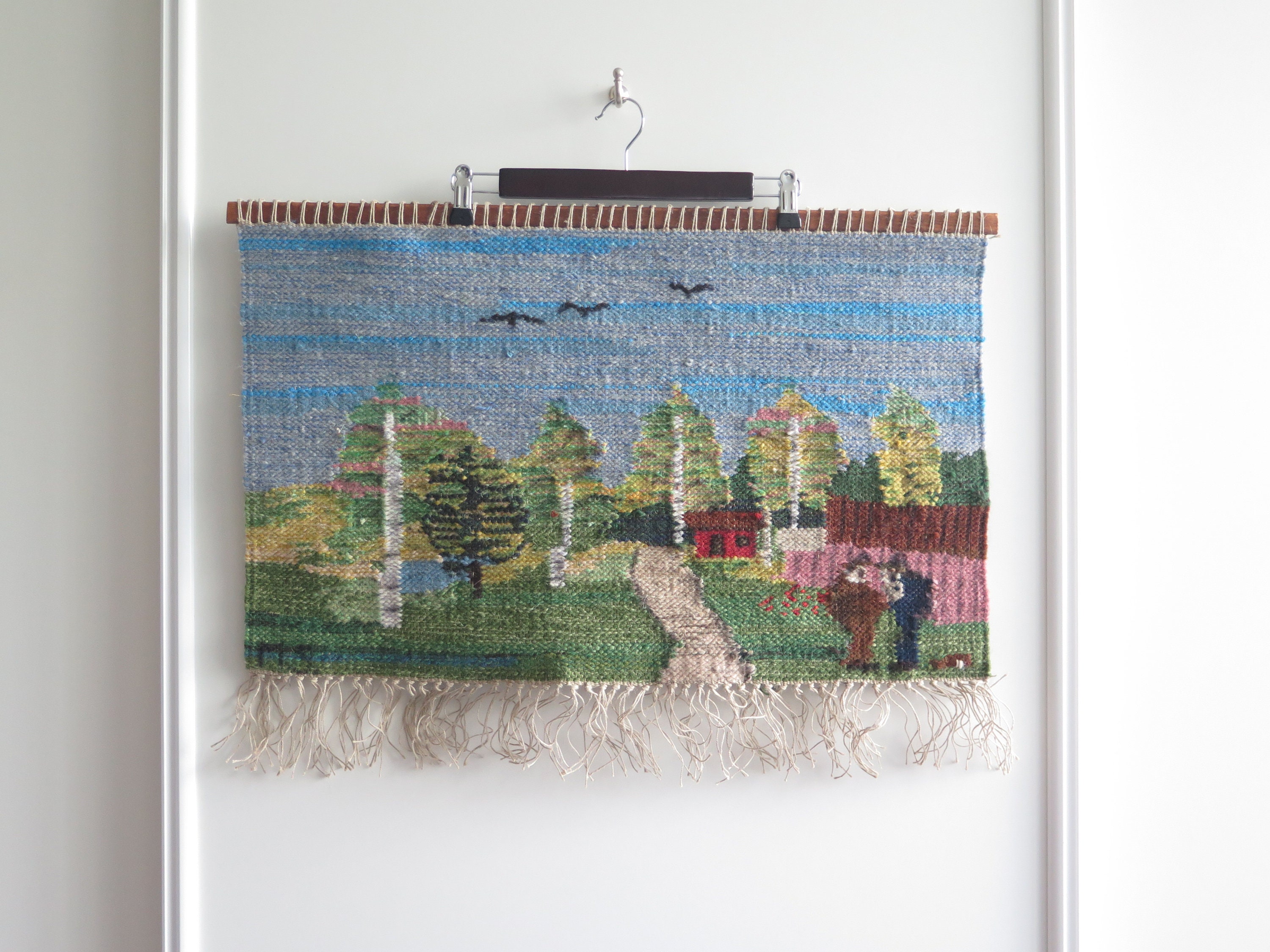 Hand Woven Art Wall Decor, Landscape Green Trees Blue Sky Houses