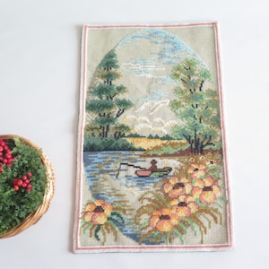 Embroidered Wall Decor Houses Landscape Lake Fisherman Scandinavian Wall Hanging, Vintage Swedish Handmade Embroidery #4-35-29