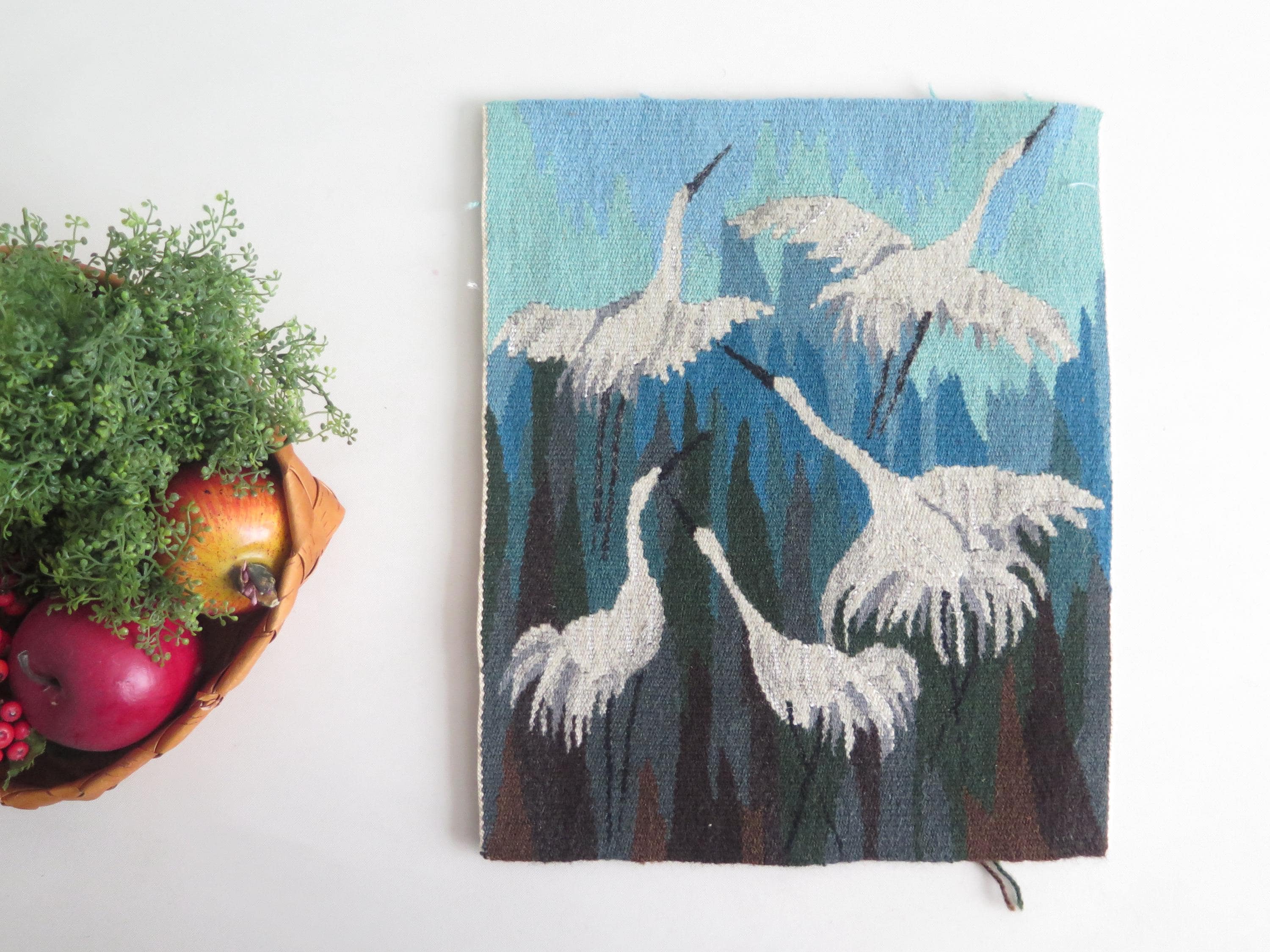 Handwoven Wool Decor, Birds Tapestry, Swedish Vintage Flamsk Flemish, Scandinavian #5-26-14