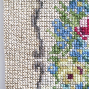 May include: Close-up of a beige cross-stitch fabric with a floral design. The design features blue, green, yellow, pink, and red flowers.