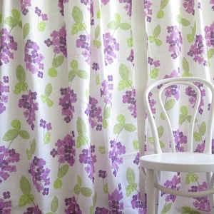 Long Floral Curtains, White w Purple Flowers Green Leaves, Set of 2 Curtain Panels #4-66-9