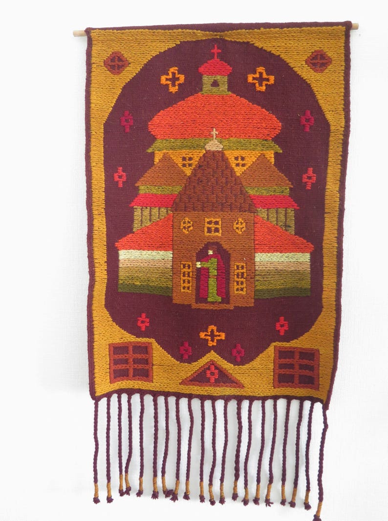 Vintage Wool Woven Wall Decor Vintage Wall Hanging Castle Church Decor with Long Fringe Tapestry 3-17 image 7