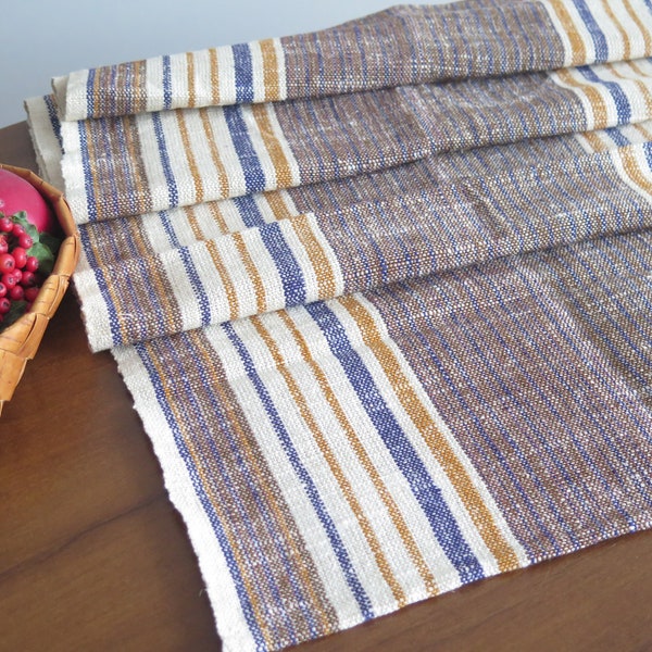 Table Runner, Brown Blue Woven Striped Table Cloth, Scandinavian Swedish Vintage Linens #5-11-14