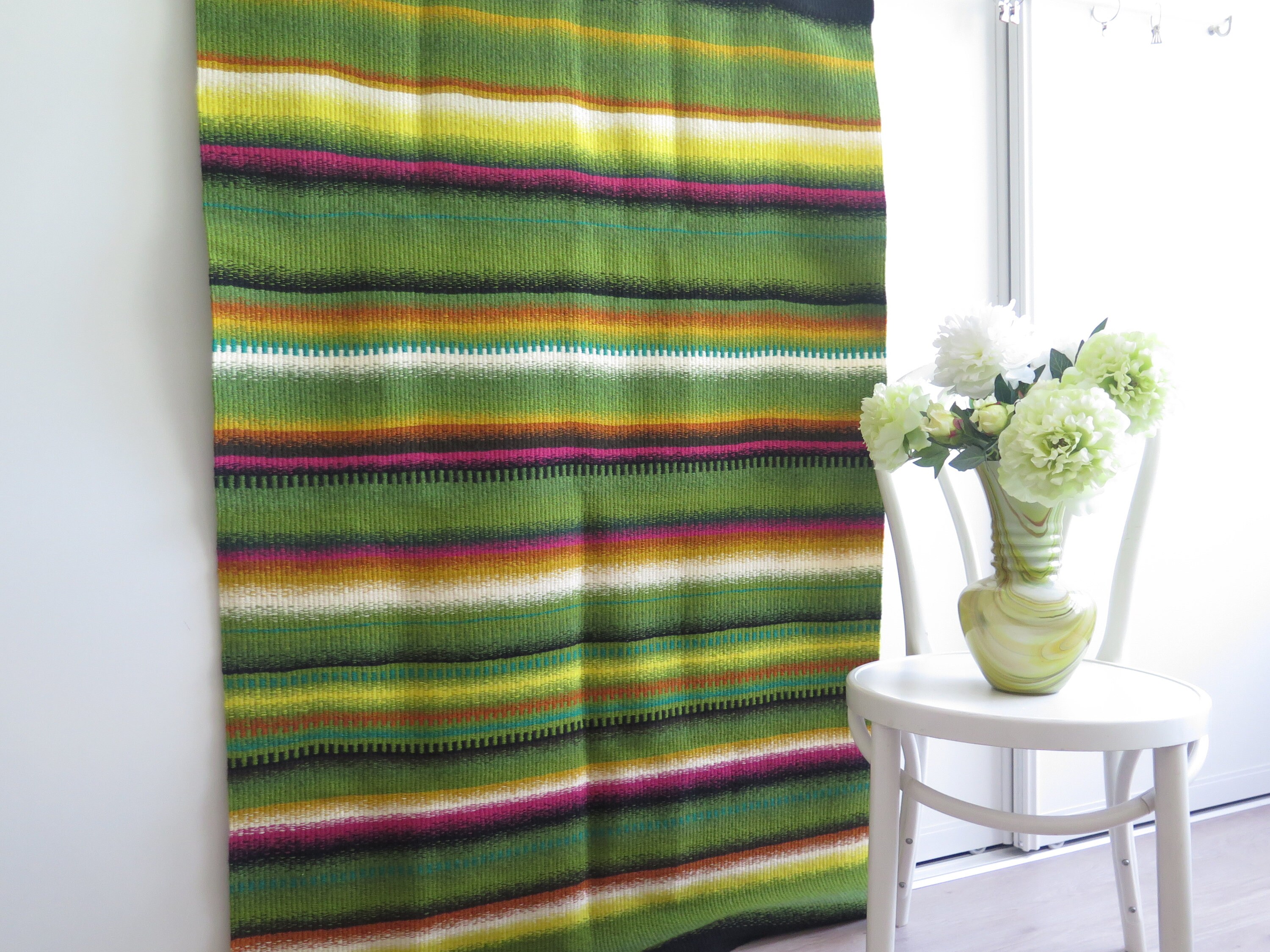 Hand Woven Art Decor Raanu Vintage Finnish Wool Wall Hanging Decor Green Yellow Violet Black Striped #5-23-2