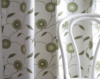 Pair of Long Curtain Panels, Each panel: 203 x 138 cm / 79.9 x 54.3 in, Scandinavian Floral Curtains White with Green Flowers #4-71-17