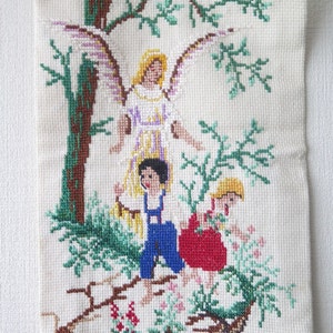 Embroidered Wall Decor Boy Girl Guardian Angel Handmade Vintage Embroidery Wall Hanging 3-10 image 3