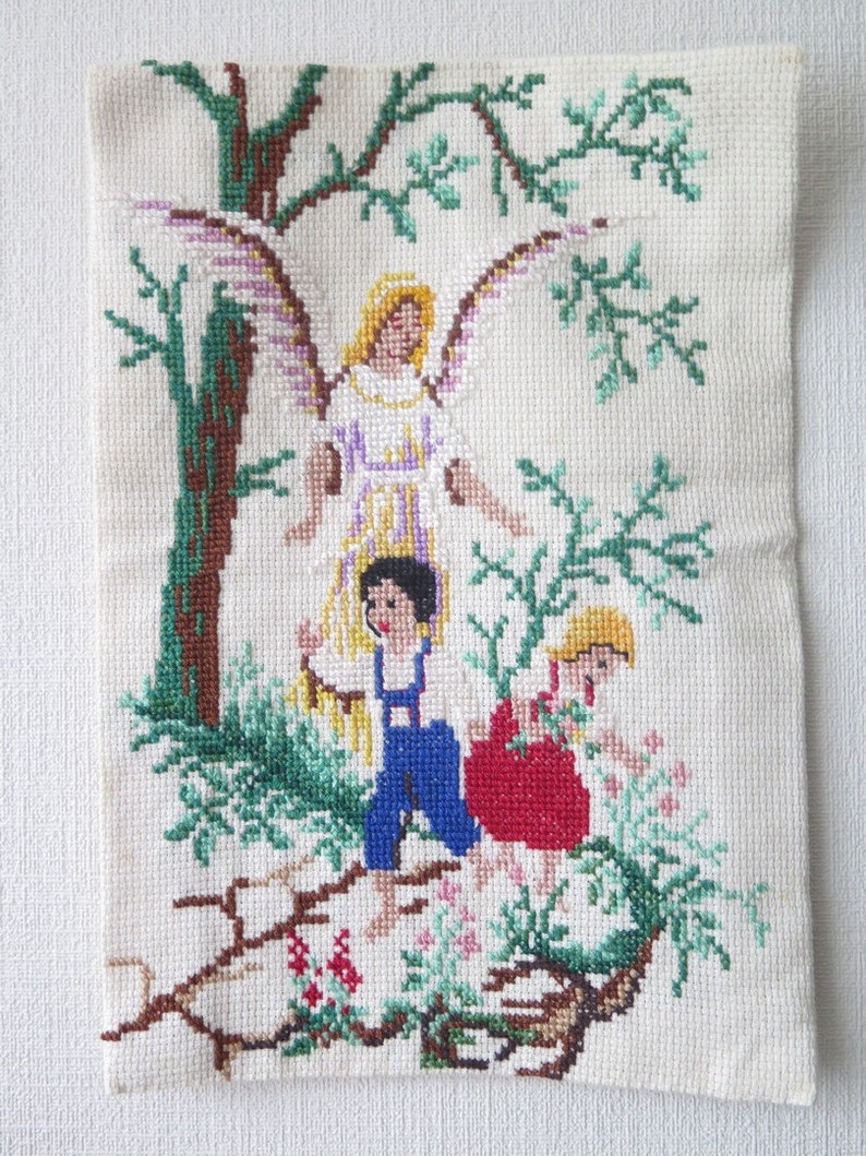 Embroidered Wall Decor Boy Girl Guardian Angel Handmade Vintage Embroidery Wall Hanging 3-10 image 3