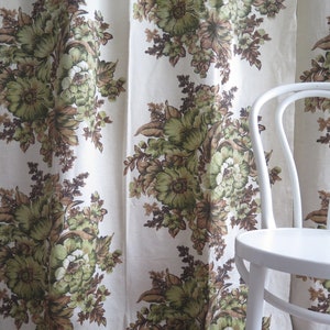 Green Floral Curtains, Set of 2 Vintage Long Green Brown Flowers Curtains, Scandinavian (4 panels avail.) #5-13-16