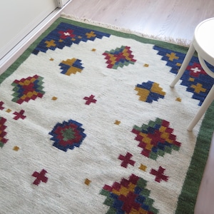 Woven Wool Rug Rag Rolakan Carpet Vintage Swedish Handwoven Röllakan Green Blue Burgundy Yellow Scandinavian #5-51-23