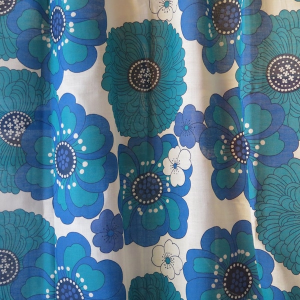 Vintage Long Curtain Panel, L 212 x W 139 cm / L 83,4'' x W 54,7'' White Aquamarine Blue Floral Curtain, Scandinavian Design #2-14