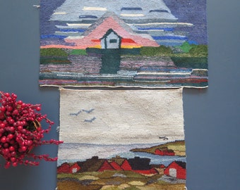 Woven Wool Decor Vintage Swedish Tapestry Red Houses Seaside Scene Flamsk Flemish Handwoven Decor Scandinavian #4-72-41