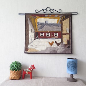 Embroidered Wall Decor, Vintage Swedish Wall Hanging, Farmhouse Chickens Scandinavian Home Interior #4-36-23