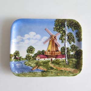 Ceramic Wall Hanging Plaque, Decorative Wall Plate, Landscape Windmill River Vintage Western Germany Pottery #368-9