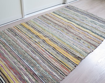 Long Handwoven Rug Rag Cotton Woven Multicolor Striped Floor Runner, 251 x 87 cm, Scandinavian Home Interior Swedish Vintage #4-63-29