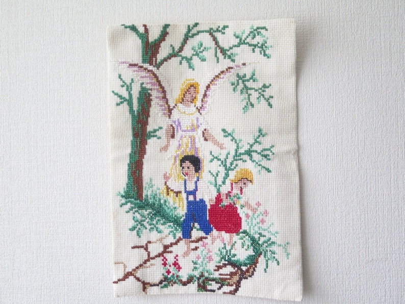 Embroidered Wall Decor Boy Girl Guardian Angel Handmade Vintage Embroidery Wall Hanging 3-10 image 1