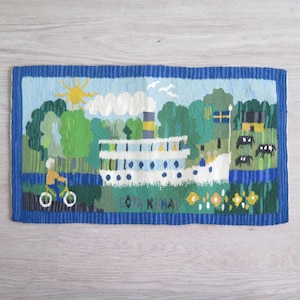 Woven Wool Decor, River Ship Tapestry Flamsk Flemish Handwoven Decor, Scandinavian Vintage Swedish #5-53-10