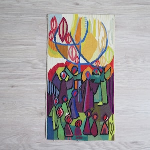 Handwoven Unframed Wall Decor Flemish Art Abstract Camp Fire, Bonfire, People Woven Wall Hanging Swedish Scandinavian #5-43-24