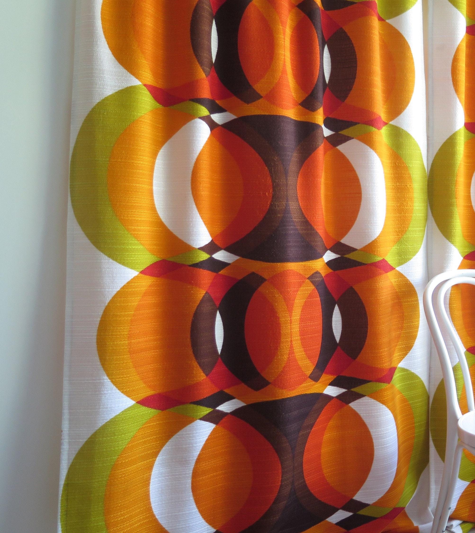 Woven Fabric White Brown Orange Yellow Op Art Panton 70s Vintage