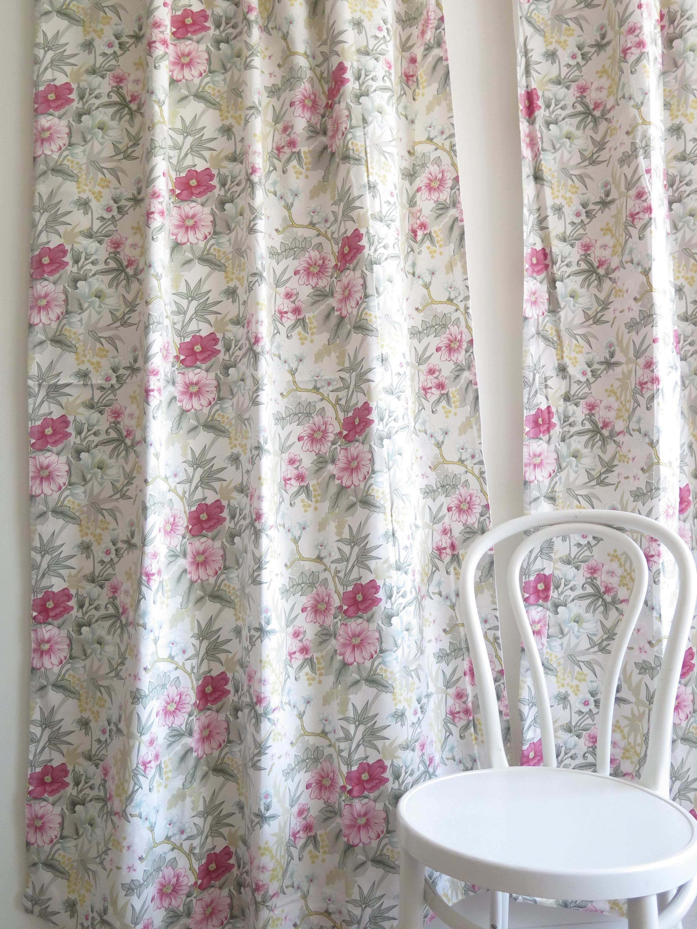 Floral Curtain Panels Set of 2 Cotton Sateen Fabric Green Pink Etsy