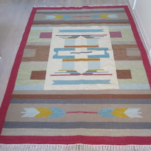 Woven Wool Rug Rag Rolakan Carpet Vintage Swedish Handwoven Röllakan Burgundy Blue Yellow Gray Scandinavian #5-51-24