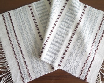 Woven Table Runner Striped Ornamented Table Cloth, White Gray Brown Swedish Vintage Scandinavian Table Decor #4-49-6