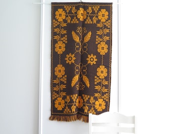 Finland Wall Decor Double Weave Hanging Woven Brown Yellow Flowers Finnish 'Täkänä' Folk hanging Textiles Decor #4-10-21