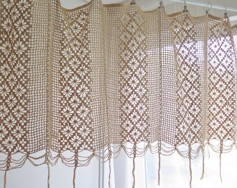 Crochet Valance w fringe, Long Wide Beige Hand Crocheted Valance, Vintage Handmade Curtain #5-06-7