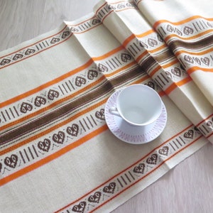 Table Runner Woven Swedish Vintage Textiles Scandinavian Ornamented Table Topper Cream Orange Brown Hearts #3-37-26