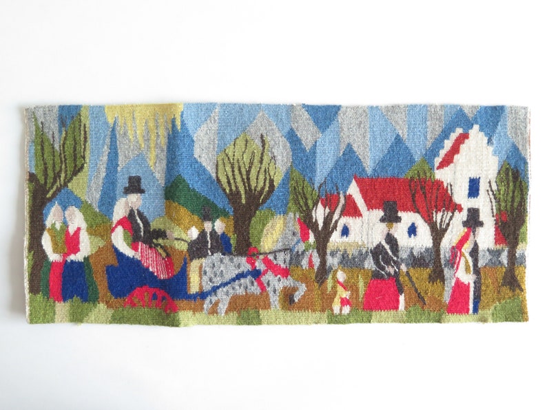 Hand Woven Wall Hanging, Wall Decor Tapestry Vintage Scandinavian Wall Art Summer Scene On The Way to Church 4-33-21 image 2